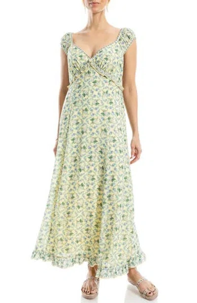 Max Studio Floral Cap Sleeve Empire Waist Maxi Dress In Soft Yellow Leafy Lattice