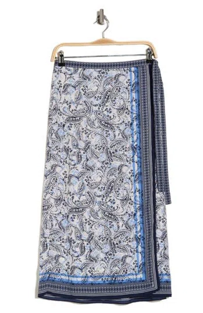 Max Studio Floral Crepe Midi Wrap Skirt In Ivory/blue Floral
