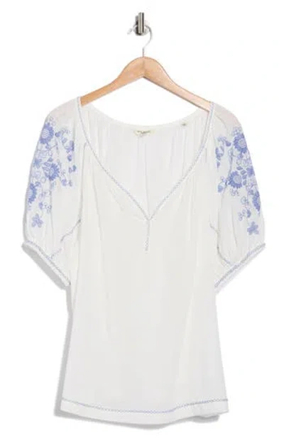 Max Studio Floral Embroidered Puff Sleeve Top In White