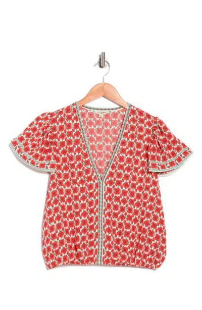 Max Studio Floral Flutter Sleeve Bubble Hem Top In Red