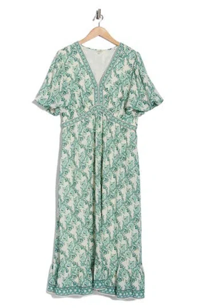 Max Studio Floral Flutter Sleeve Maxi Dress In Green