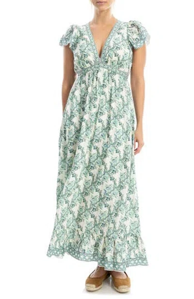 Max Studio Floral Flutter Sleeve Maxi Dress In Green