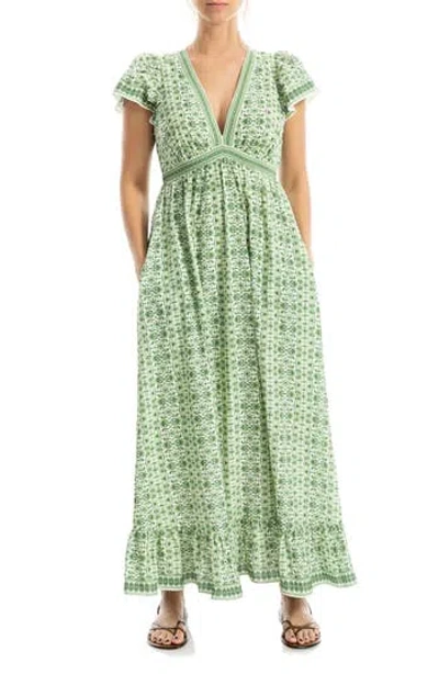 Max Studio Floral Flutter Sleeve Maxi Dress In Green
