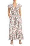 Max Studio Floral Flutter Sleeve Maxi Dress In White