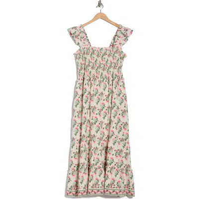 Max Studio Floral Flutter Sleeve Maxi Dress In Neutral