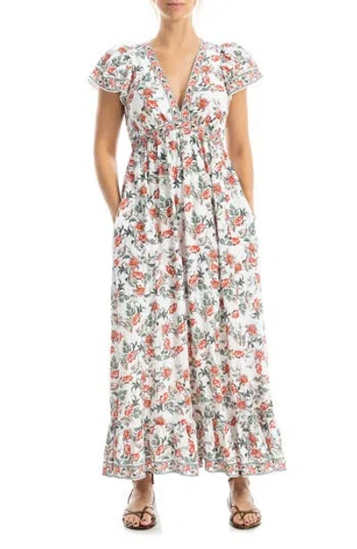Max Studio Floral Flutter Sleeve Maxi Dress In Crmrdpbl-cream/red Passion Blooms