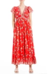Max Studio Floral Flutter Sleeve Maxi Dress In Red