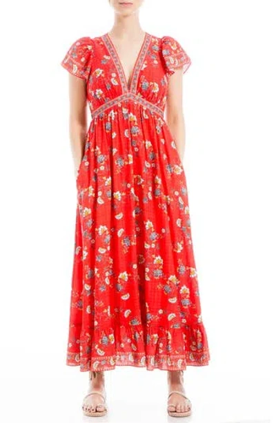 Max Studio Floral Flutter Sleeve Maxi Dress In Red