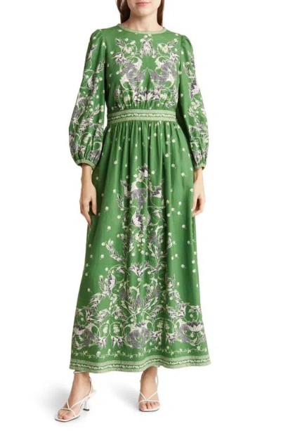 Max Studio Floral Long Sleeve Linen Blend Maxi Dress In Green/ Cream Floral Swirls