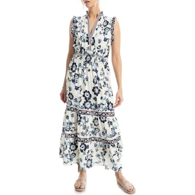 Max Studio Floral Maxi Dress In Cream/blues Poppies Ikat