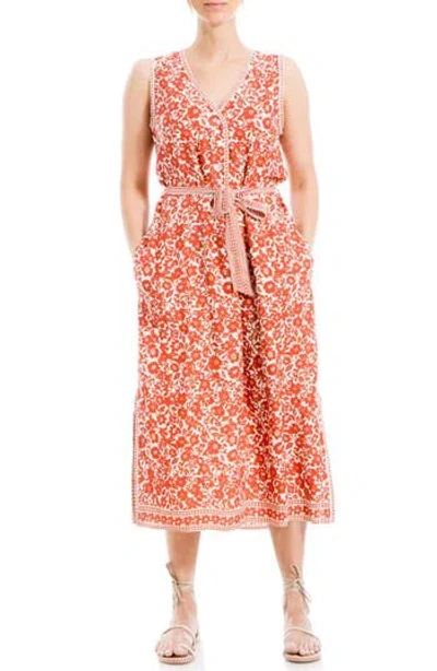 Max Studio Floral Placket Midi Dress In Orange/cream Floral