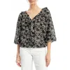 Max Studio Floral Print Ruffle Neck Blouse In Black