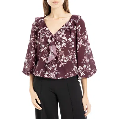 Max Studio Floral Print Ruffle Neck Blouse In Wine