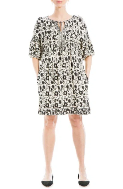 Max Studio Floral Puff Sleeve Shift Dress In Cream/ Black Slvc Flrl Hrts