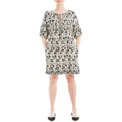 Max Studio Floral Puff Sleeve Shift Dress In Cream/black Slvc Flrl Hrts