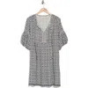 Max Studio Floral Puff Sleeve Shift Dress In Indigo/cream Ornate Elegance