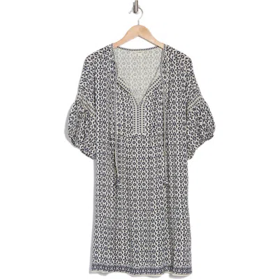 Max Studio Floral Puff Sleeve Shift Dress In Indigo/cream Ornate Elegance