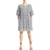Max Studio Floral Puff Sleeve Shift Dress In Natural Blues Ikat Stamps