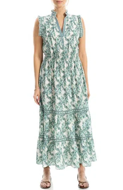 Max Studio Floral Ruffle Sleeveless Tiered Maxi Dress In Blue