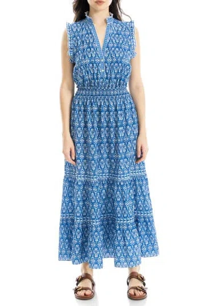 Max Studio Floral Ruffle Sleeveless Tiered Maxi Dress In Blue
