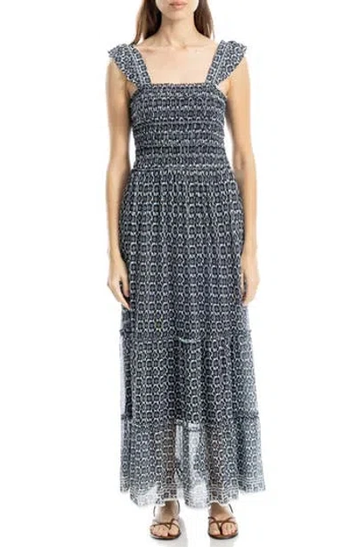 Max Studio Floral Ruffle Strap Smocked Tiered Chiffon Maxi Dress In Black