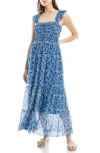 Max Studio Floral Ruffle Strap Smocked Tiered Chiffon Maxi Dress In Blue