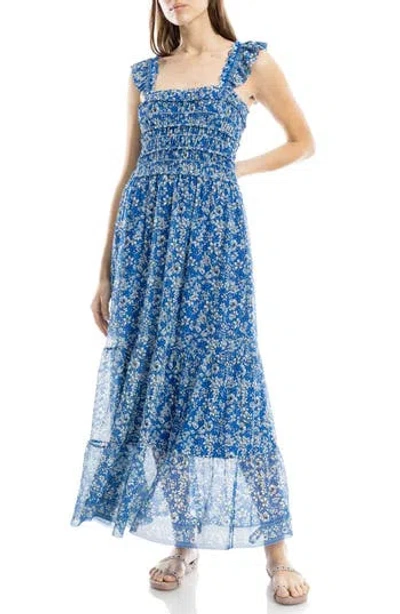 Max Studio Floral Ruffle Strap Smocked Tiered Chiffon Maxi Dress In Blue