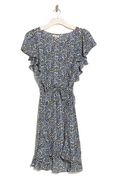 Max Studio Floral Short Sleeve Ruffled Midi Dress In Cream/ Blue Dsy Lf Shdw