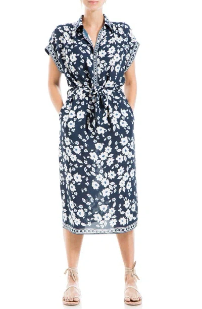 Max Studio Floral Short Sleeve Shirtdress In Navy/ Peony Floral