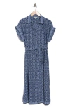 Max Studio Floral Short Sleeve Shirtdress In Navy/cream Ornate Elegance