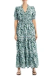 Max Studio Floral Short Sleeve Tiered Maxi Dress In Green