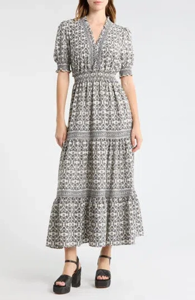 Max Studio Floral Short Sleeve Tiered Maxi Dress In Gray