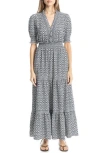 Max Studio Georgette Smocked Maxi Dress In Black/cream Geo
