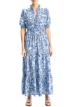 Max Studio Floral Short Sleeve Tiered Maxi Dress In Chambray Shady Floral