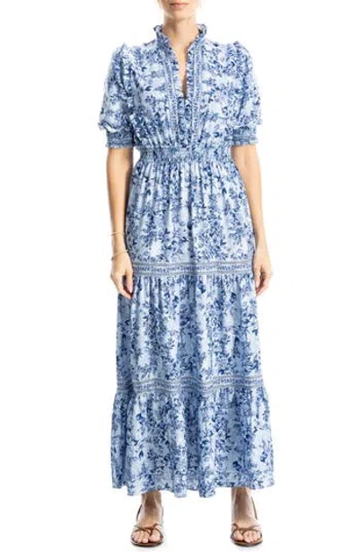 Max Studio Floral Short Sleeve Tiered Maxi Dress In Chambray Shady Floral
