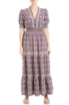 Max Studio Floral Short Sleeve Tiered Maxi Dress In Cream Paisley Field