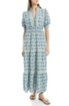 Max Studio Floral Short Sleeve Tiered Maxi Dress In Cream/sky Nouveau Magnolia