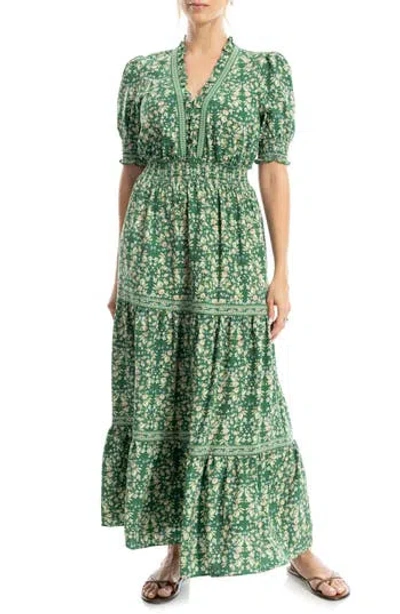 Max Studio Floral Short Sleeve Tiered Maxi Dress In Green