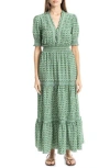 Max Studio Ruffle Neck Tiered Maxi Dress In Green/cream Chainmail Geo