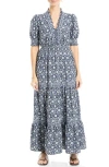 Max Studio Floral Short Sleeve Tiered Maxi Dress In Navy/cream