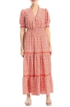 Max Studio Ruffle Collar Print Tiered Maxi Dress In Ruby/crm Ornt Elegance