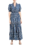 Max Studio Floral Short Sleeve Tiered Maxi Dress In Slate Feather Blossom