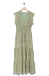 Max Studio Floral Sleeveless Tiered Maxi Dress In Light Green Floral Tile
