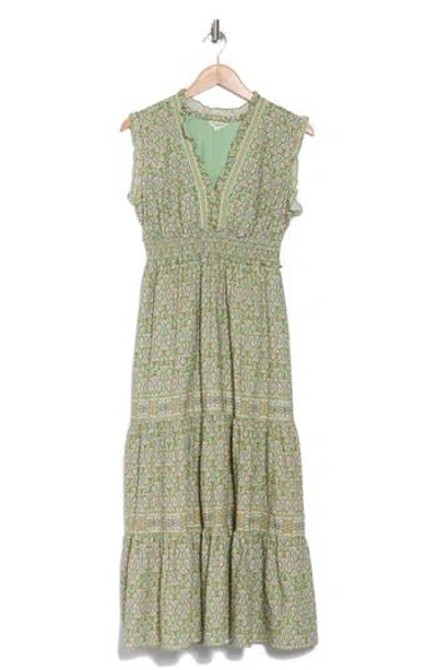 Max Studio Floral Sleeveless Tiered Maxi Dress In Light Green Floral Tile