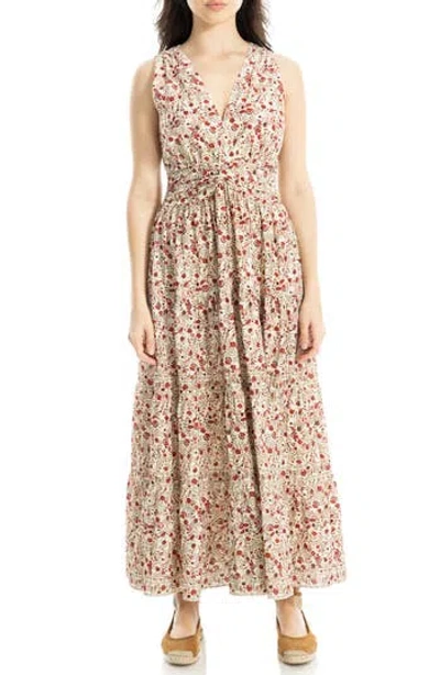 Max Studio Floral Sleeveless Twist Front Cotton Blend Maxi Dress In Brown