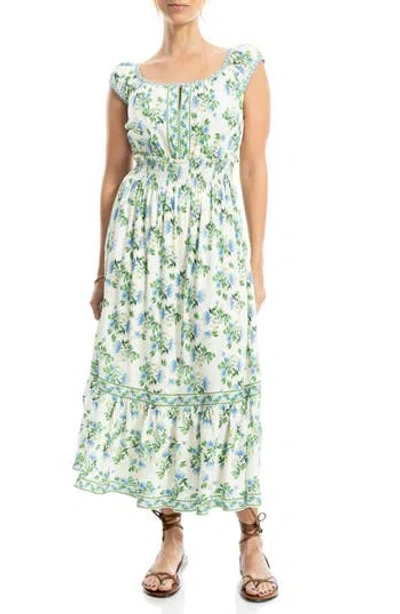 Max Studio Floral Smocked Maxi Dress In Cream/blue Summer Blooms
