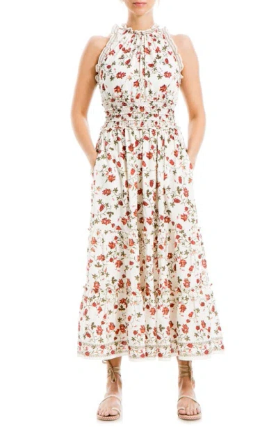 Max Studio Floral Smocked Maxi Dress In Ecru Curly Clusters