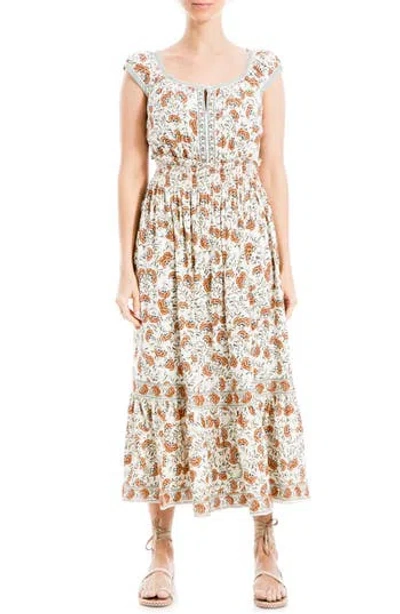 Max Studio Floral Smocked Maxi Dress In White/brown Print