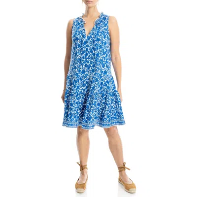 Max Studio Floral Split Neck Tiered Dress In Bright Blue/cream