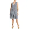 Max Studio Floral Split Neck Tiered Dress In Navy/cream